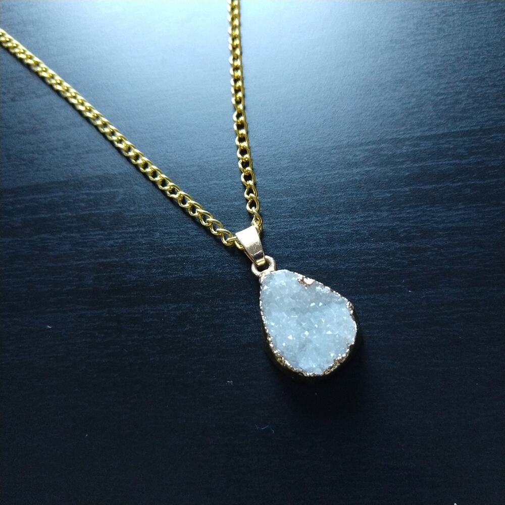 White Druzy Garnet Gold Pendant Necklace natural stone fashion jewelry matinee